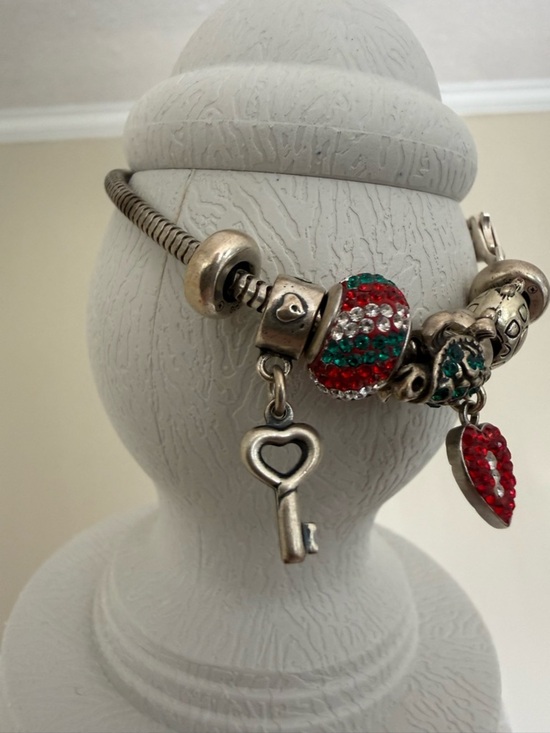 Pandora Jewelry - Pandora Bracelet Sterling Silver Heart Key Charm Bracelet Red & Green Beads